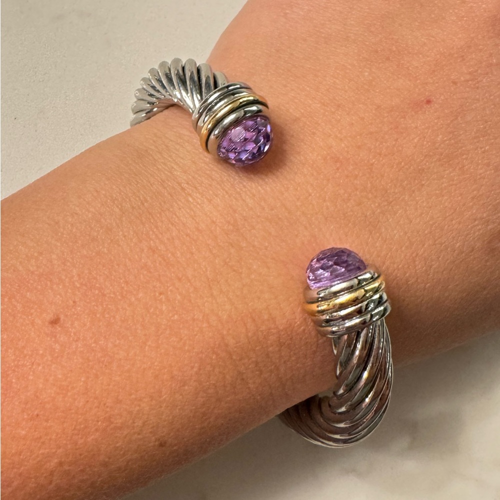 Two Tone Cable Bracelet Hinged Open Cuff with Large Purple Crystals